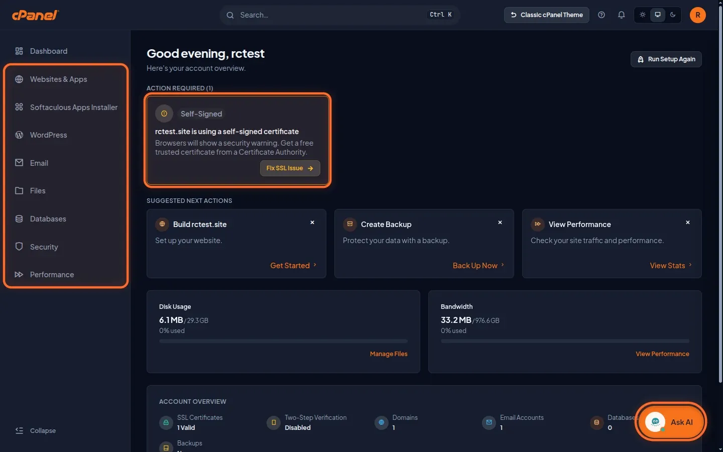 Dashboard di Meridian in tema scuro: la barra laterale con gli hub, la scheda Action required e il pulsante Ask AI sono evidenziati