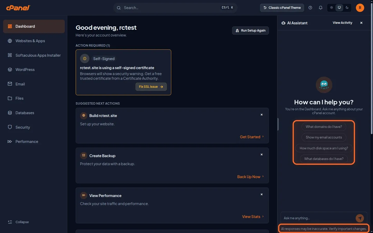 Pannello AI Assistant di Meridian con le quattro domande suggerite e l'avviso in fondo, entrambi evidenziati