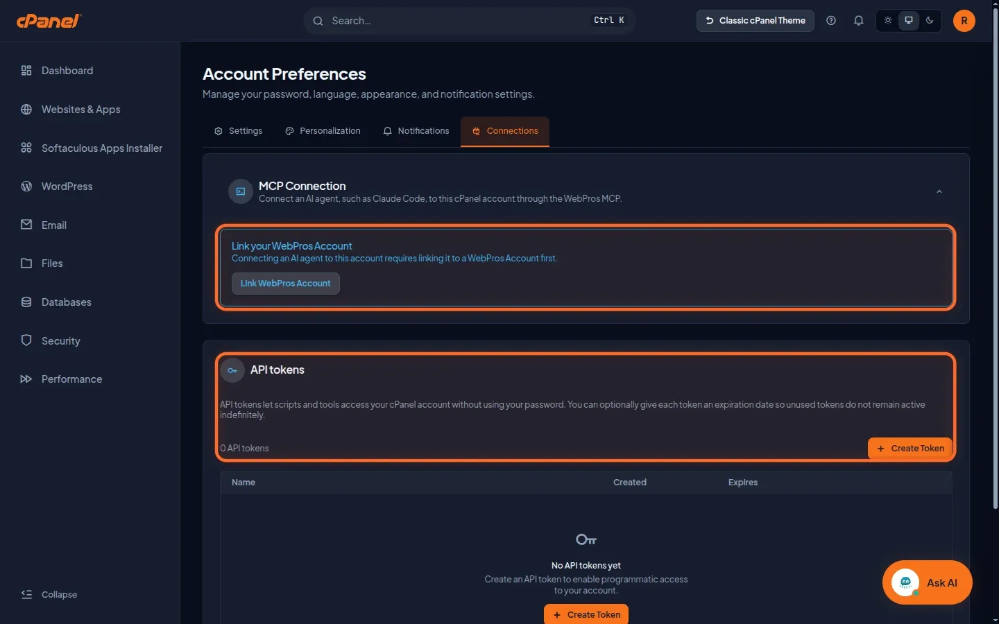 Scheda Connections di Meridian con la sezione MCP Connection in alto e quella dei token API sotto, entrambe evidenziate