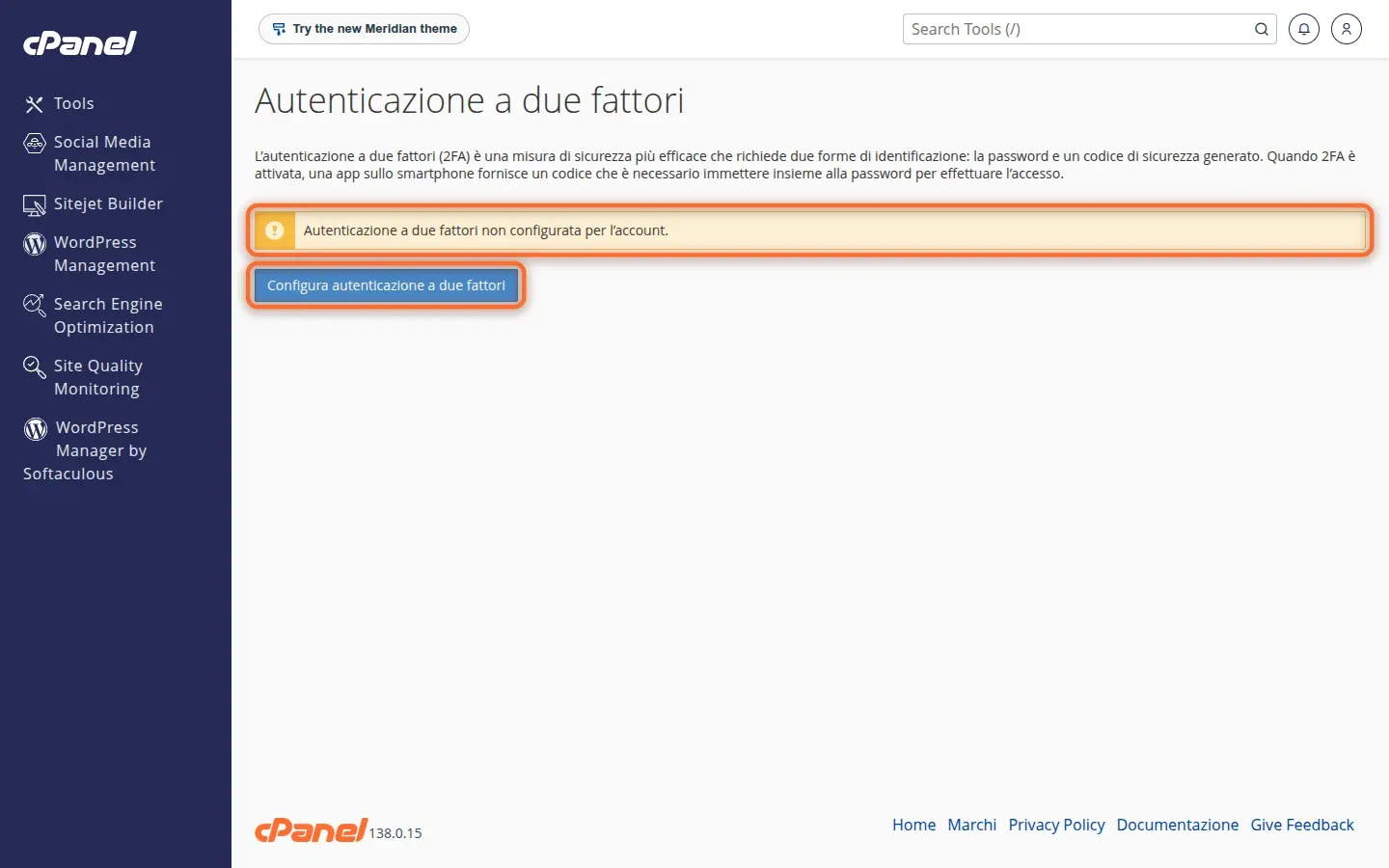 Pagina Autenticazione a due fattori di cPanel in Jupiter con l'avviso che non è configurata e il pulsante per configurarla, evidenziati