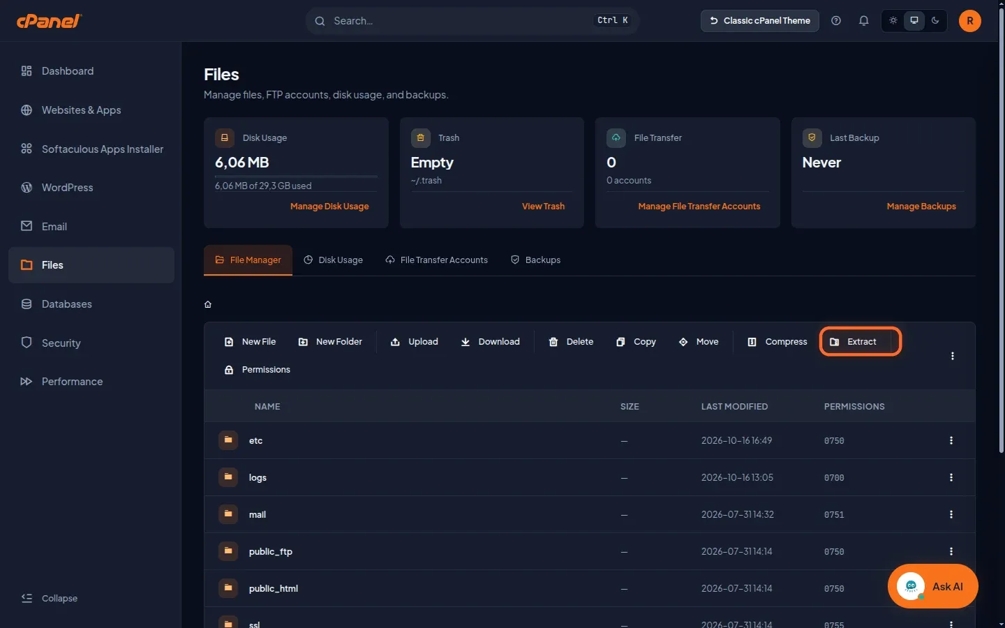 Hub Files di Meridian con i riquadri di riepilogo e la barra degli strumenti, dove la voce Extract è evidenziata