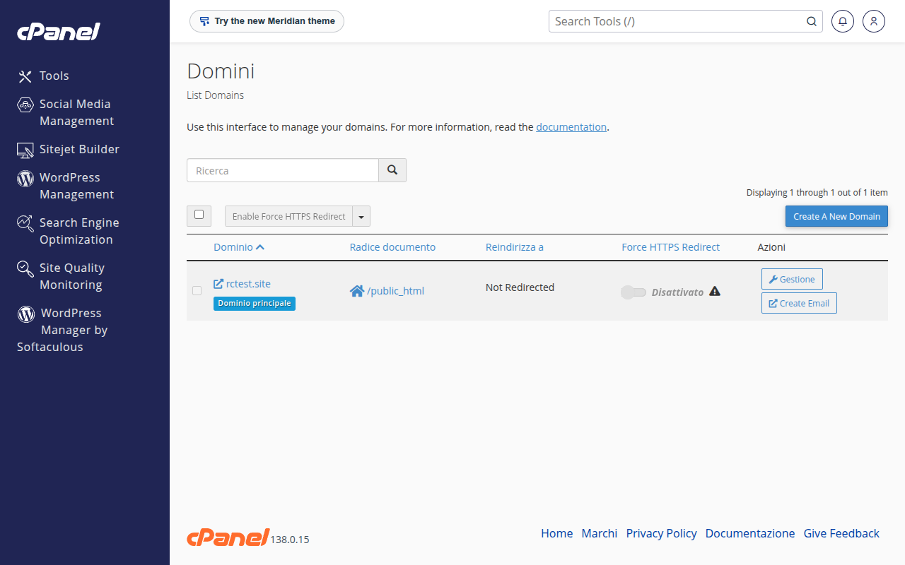 Pagina Domini di cPanel con il dominio principale, la radice documento public_html e l'interruttore Force HTTPS Redirect disattivato