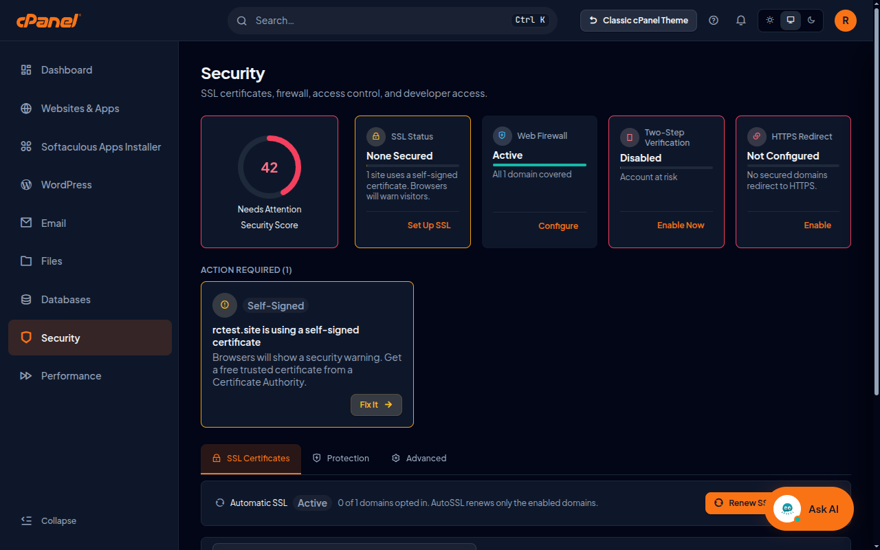 Pagina Security di Meridian con punteggio di sicurezza, SSL Status, Web Firewall, Two-Step Verification, HTTPS Redirect e la riga Automatic SSL