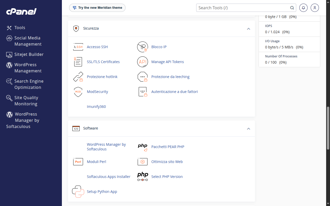 Sezione Sicurezza di cPanel con Accesso SSH, Blocco IP, SSL/TLS Certificates, Manage API Tokens, Protezione hotlink, Protezione da leeching, ModSecurity, Autenticazione a due fattori e Imunify360